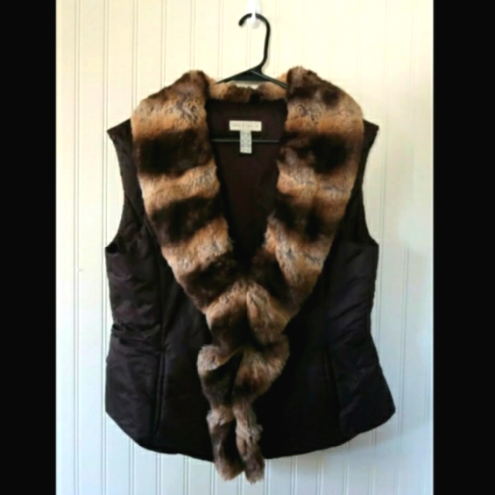 Lord And Taylor Women's Puffy Vest Faux Fur Collar Brown Size Large